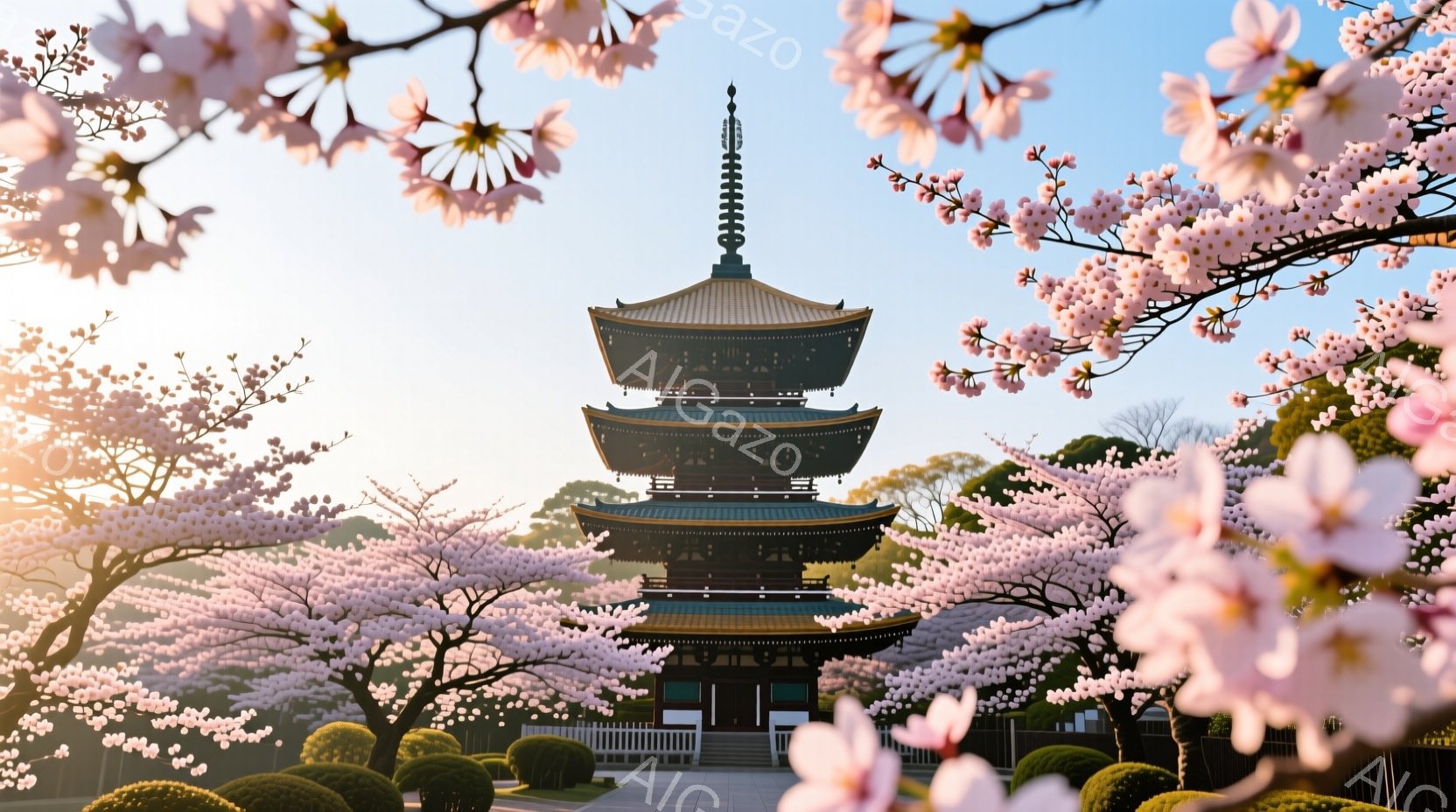 桜の花びらが舞う中、古都の風景が広がっている。中央には優雅な五重塔がそびえ立ち、周囲には手入れの行き届いた庭園と緑豊かな木々が広がる。空は晴れ渡り、穏やかな春の陽光が塔と庭園を照らし出し、平和で幻想的な雰囲気を醸し出している。
