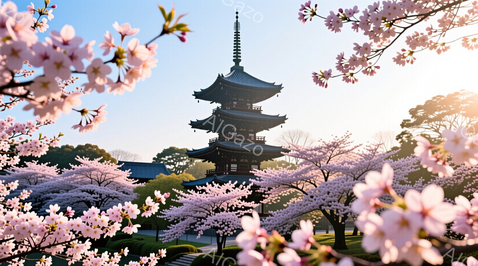 古都の風景が描かれており、桜の花びらが満開の木々が画面を彩っています。中央には、優雅な様式の五重塔がそびえ立ち、背景には青空と緑豊かな庭園が広がっています。全体的に穏やかで春らしい、希望に満ちた雰囲気が漂っています。