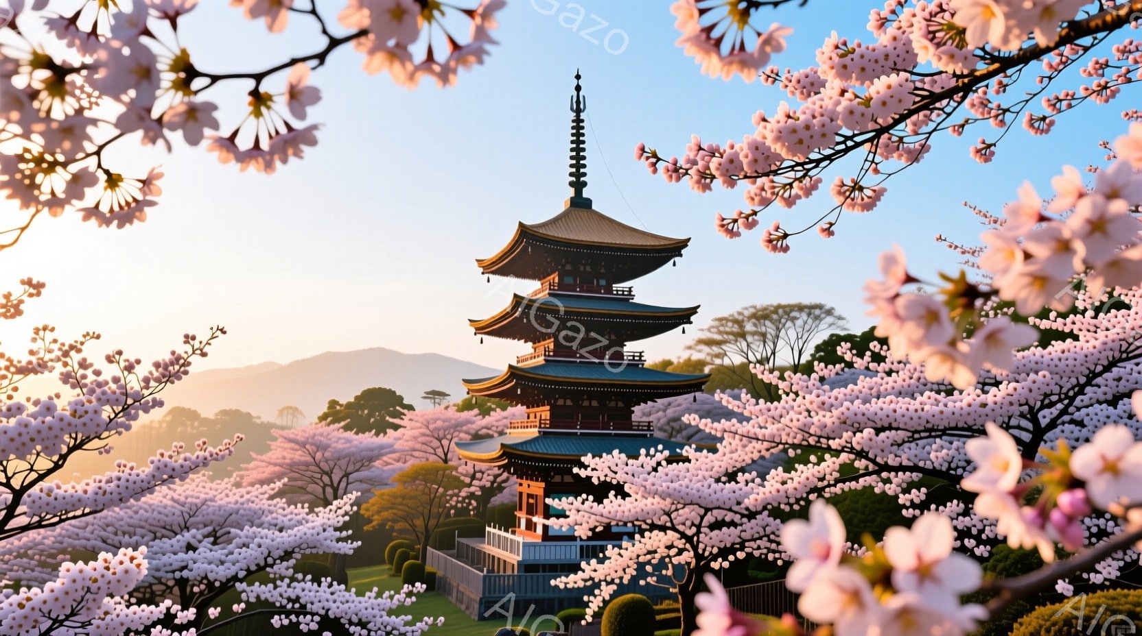 鮮やかなピンク色の桜の花が咲き乱れ、その中に朱色の五重塔が美しく佇んでいます。背景には緑豊かな山々と穏やかな空が広がり、春の穏やかな陽光が塔を照らしています。全体的に、桜と歴史的な建造物が調和した、静かで平和な雰囲気を醸し出しています。