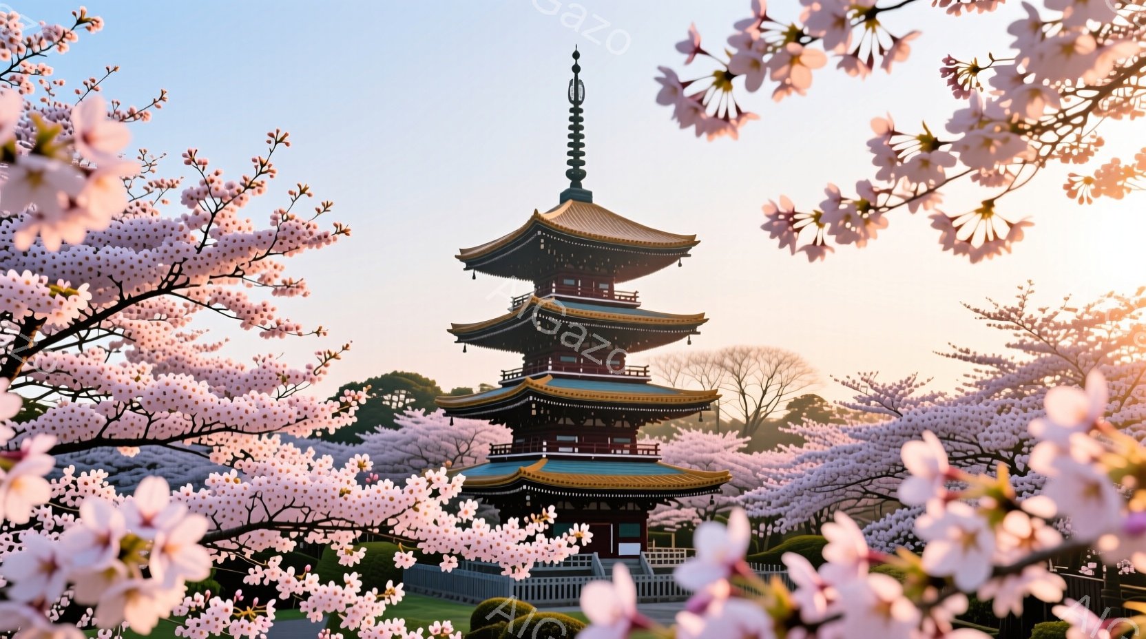 ピンク色の桜の花に囲まれた美しい五重塔が写っています。塔は赤と茶色の色調で、緑色の屋根と先端には金色の装飾が施されています。背景には、手入れの行き届いた庭園と穏やかな青空が広がり、春の暖かな雰囲気が漂っています。