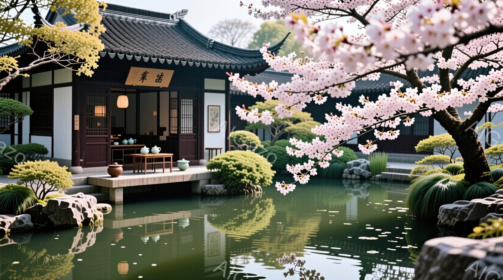 庭園には、日本の伝統的な建築様式を持つ建物が配置され、緑豊かな草木と池が広がっています。建物は暗色の屋根と白い壁を持ち、屋根の上には繊細な装飾が見られます。池には水鳥が浮かび、周囲の木々には桜の花が咲 - AI生成フリー素材