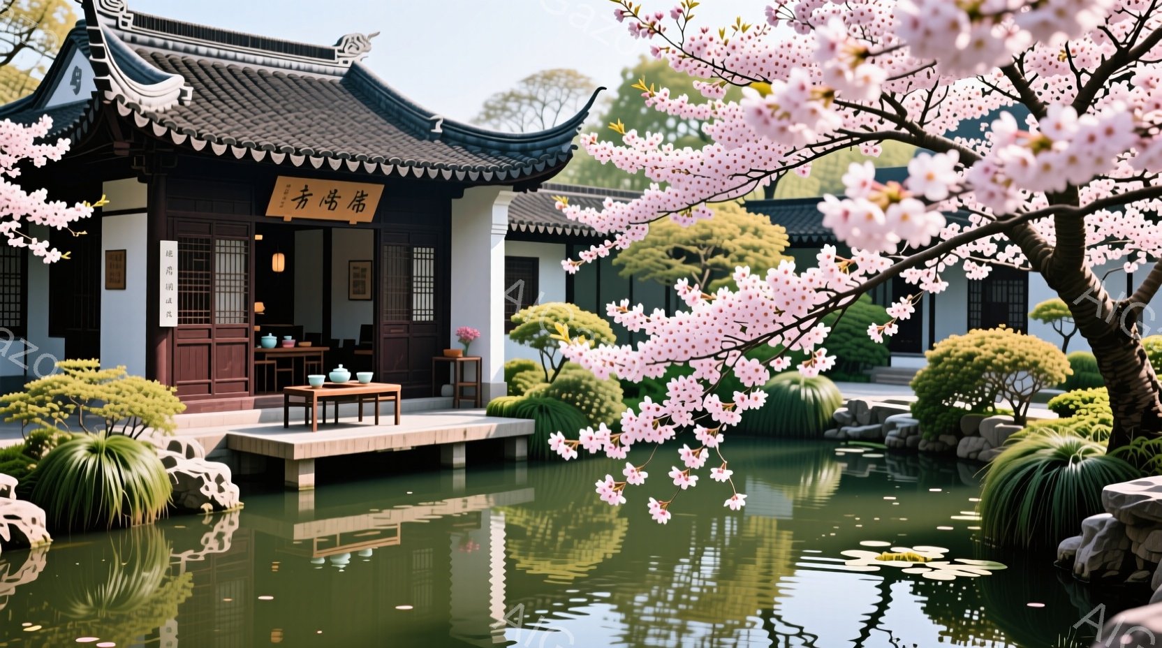 春の穏やかな午後の庭園の風景が描かれている。灰色の瓦屋根の伝統的な東アジア様式の建物が池のそばにあり、ピンク色の桜の花が咲き誇り、周囲の緑豊かな木々と調和している。池の水面には建物と桜の花が美しく映り - AI生成フリー素材