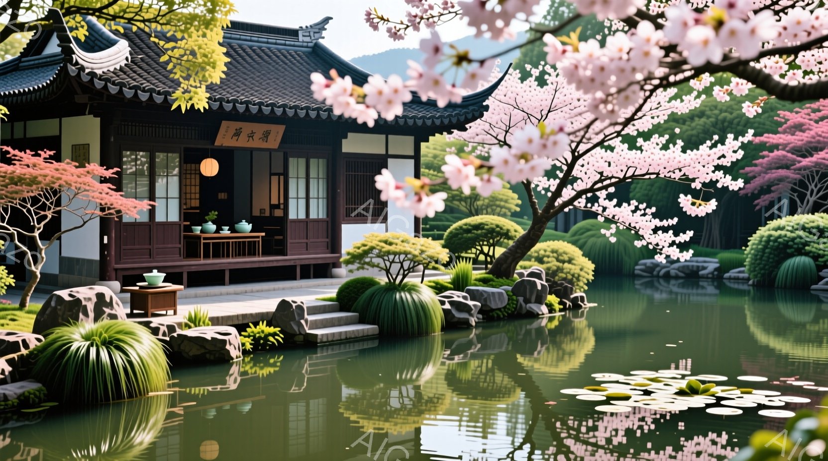 静かな池のほとりに、伝統的な日本の建物が建っており、屋根は暗い色で、壁は落ち着いたベージュ色をしています。池には水生植物が浮かび、周囲には手入れの行き届いた緑の低木や岩が配置され、桜の木が咲き誇り、ピ - AI生成フリー素材