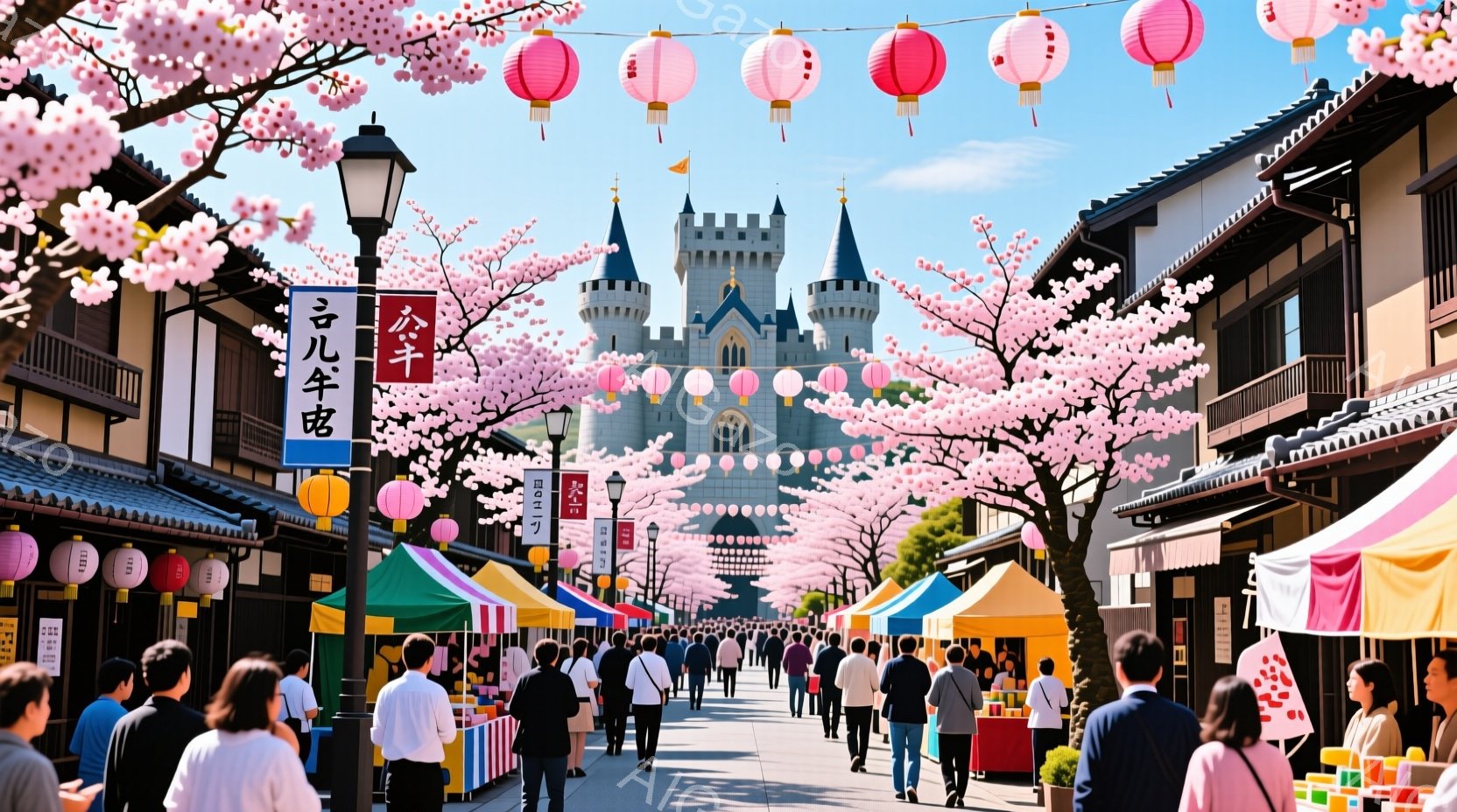 桜並木が続く遊園地の通りを示しており、多くの人々が歩いている様子が描かれている。人々はカジュアルな服装で、桜を背景に楽しんでいるようで、その表情は穏やかでリラックスしている。背景には、日本風の建物と、 - AI生成フリー素材