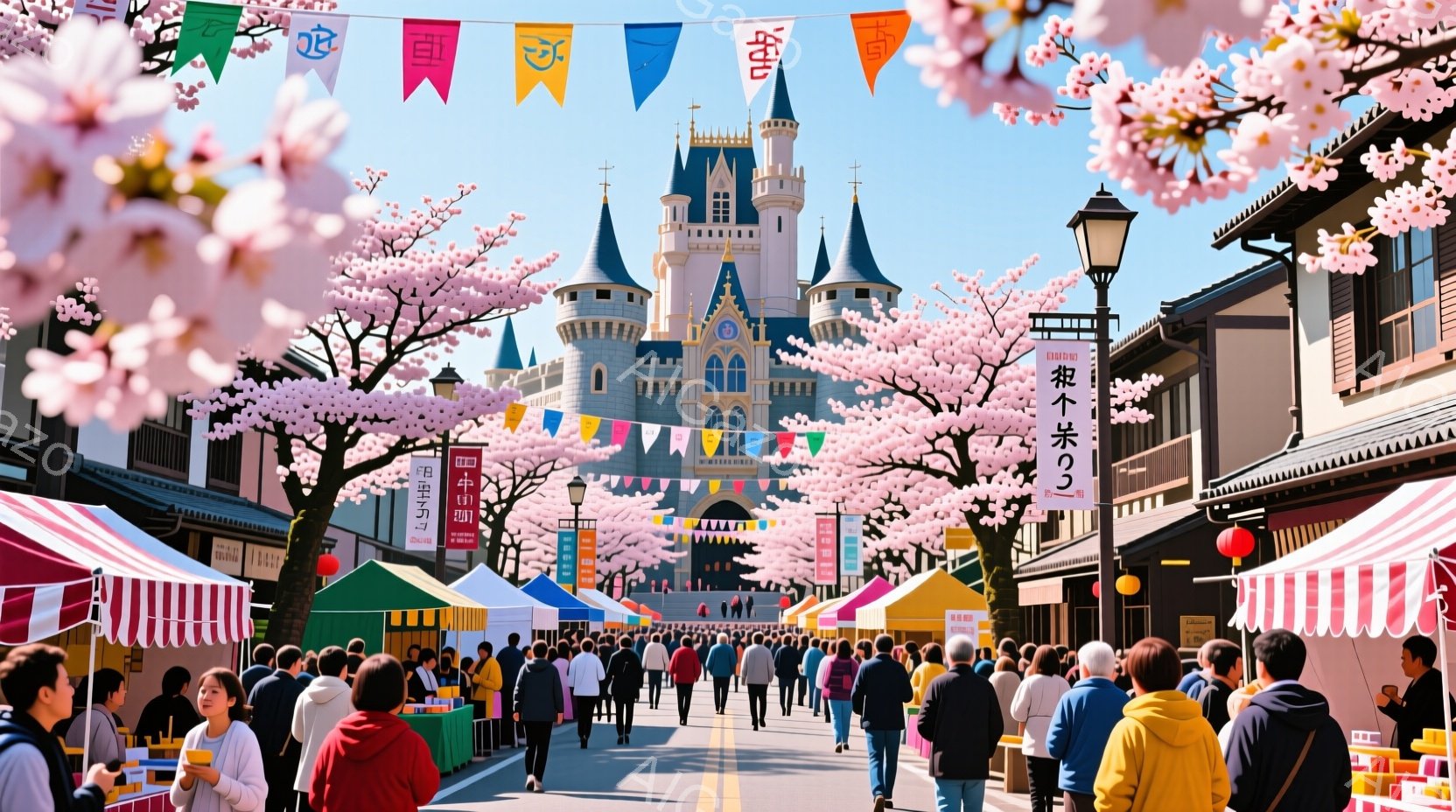 賑やかな遊園地の通りが、満開の桜並木によって華やかに彩られています。多くの人々が、カジュアルな服装で歩き、楽しんでいる様子が伺えます。背景には、おとぎ話のような美しいお城がそびえ立ち、春の暖かな日差しの中で、活気と幸福感に満ちた雰囲気です。