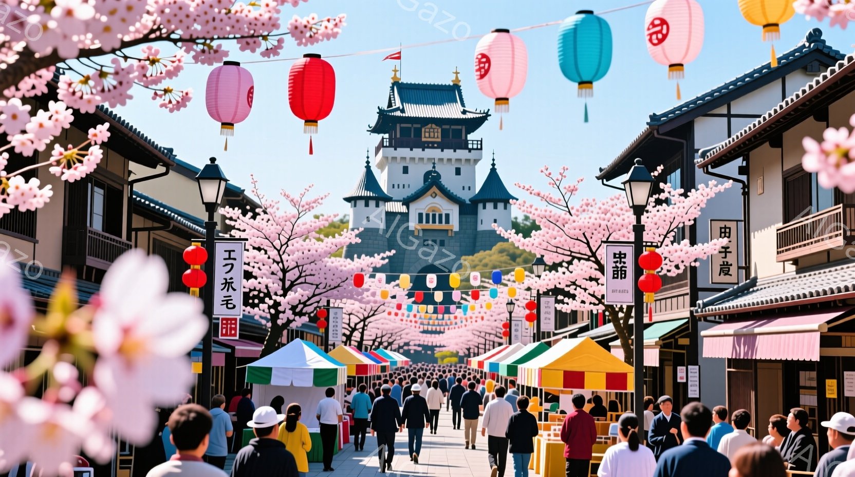 桜の花びらが舞い散る、お城へと続く賑やかな商店街の様子が描かれています。人々はカジュアルな服装で、お祭りを楽しむように歩き、商店をのぞいています。背景には伝統的な建築様式のお城がそびえ立ち、晴天の下、春の暖かさと活気を感じさせます。