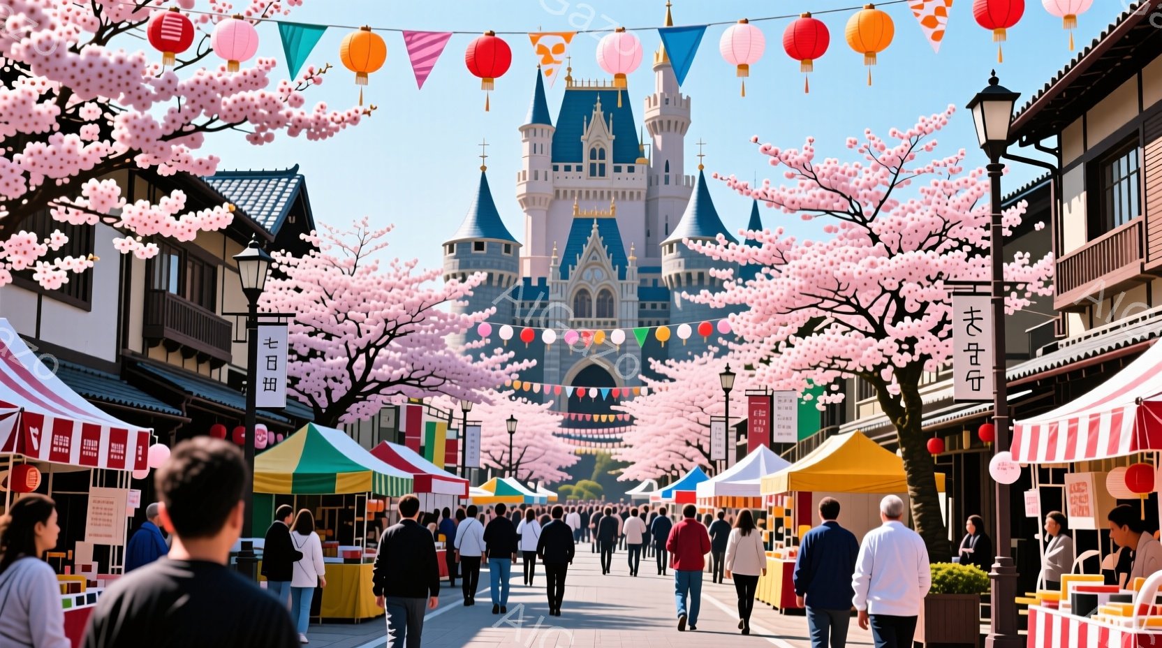 ディズニーランドの賑やかな通りが、満開の桜並木に彩られています。人々はカジュアルな服装で、買い物を楽しんだり、お城に向かって歩いたりしています。背景には、美しいお城と、カラフルな屋台が並び、春の暖かな日差しが降り注ぐ、華やかで活気のある雰囲気が漂っています。