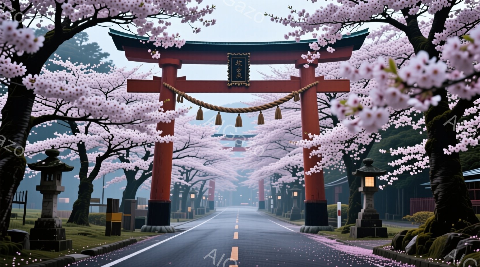 赤い鳥居が並木道を挟んで両側にそびえ立ち、桜の花びらが舞い散る美しい風景です。アスファルトの道には黄色い線が引かれ、日本の伝統的な街並みが背景に広がっています。全体的に、穏やかで幻想的な雰囲気が漂い、 - AI生成フリー素材