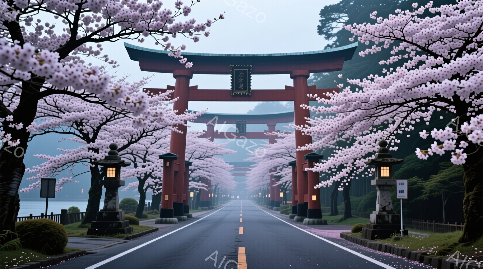 鮮やかな朱色の鳥居が、桜並木の中を走る道路に立っている。道路の両側には提灯が並び、遠くには穏やかな水面が見える桜の木からは花びらが舞い散り、春の訪れを感じさせる。全体的に静かで幻想的な雰囲気が漂っている。