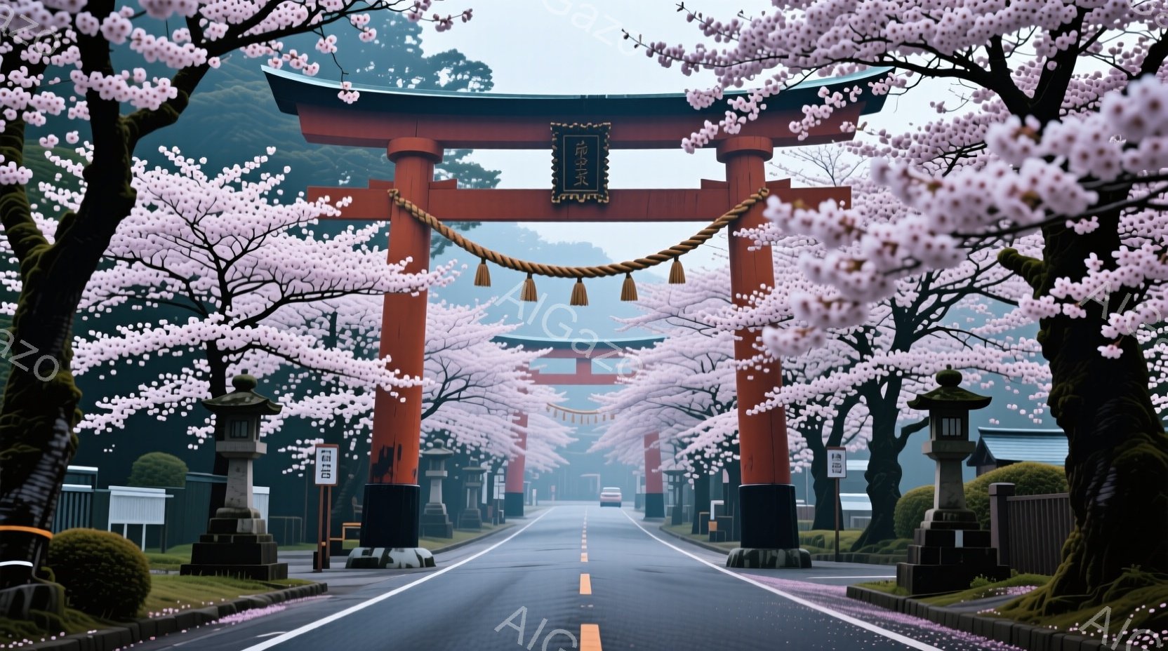 鮮やかな朱色の鳥居が、桜並木のトンネルのように続く道を荘厳に守っています。アスファルトの道には桜の花びらが舞い散り、石灯籠や古い建物が日本の伝統的な雰囲気を醸し出しています。霞んだ空と桜の淡いピンク色 - AI生成フリー素材
