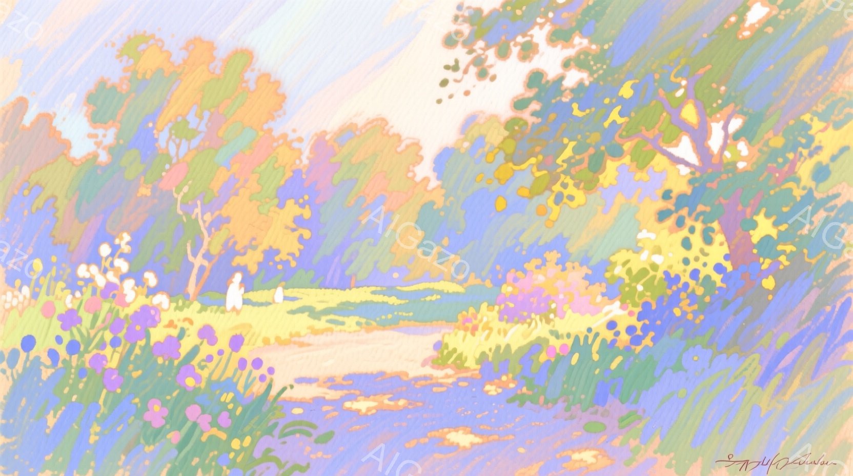 明るい色彩で描かれた風景画で、道が遠くの緑豊かな木々へと続いている。道の脇には、ピンク、紫、黄色の野花が咲き乱れ、生き生きとした印象を与えている。人物は白い服を着ており、遠くに見えるため詳細は不明だが、穏やかな雰囲気が漂っている。