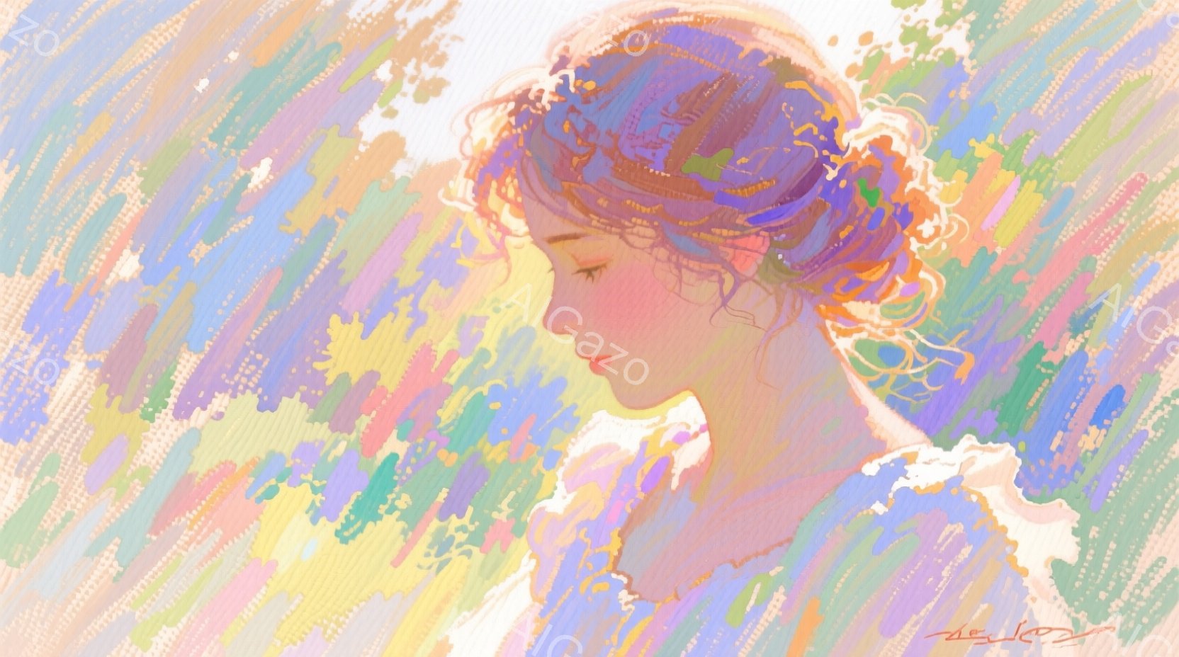 花の風景を見つめる少女。花々が広がり、青空は快適な気候を感じる日光が照らす。少女は白いドレスで、雰囲気は甘くて落ち着いて安心感のある春の景色。