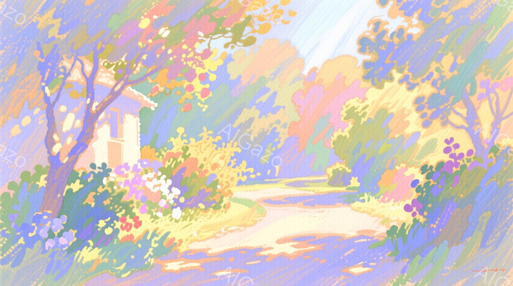 鮮やかな色彩で描かれた風景画で、道が奥へと続いています。道の両脇には色とりどりの花が咲き乱れ、緑豊かな木々が生い茂っています。全体的に明るく穏やかな雰囲気で、春または夏の晴れた日の自然の美しさを表現しているように見えます。