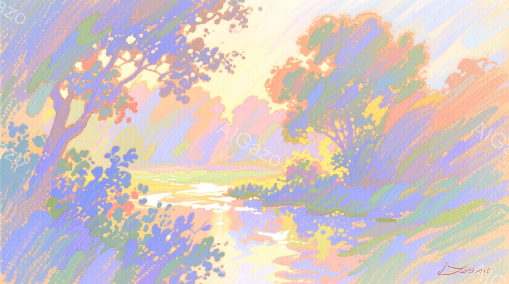 この絵は、鮮やかな色彩で描かれた風景画である。水面が光を反射し、周囲の緑豊かな木々や草木と調和して、穏やかで幻想的な雰囲気を醸し出している。全体的にパステル調の色使いが、柔らかく優しい印象を与える。