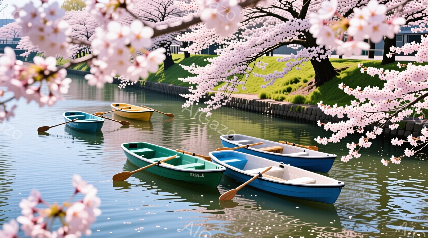 穏やかな水面に、カラフルな小舟が並んで浮かんでいます。背景には緑豊かな芝生と桜並木が広がり、春の穏やかな日差しが水面を照らしています。全体的に、静かで平和な、春の訪れを感じさせる情景です。