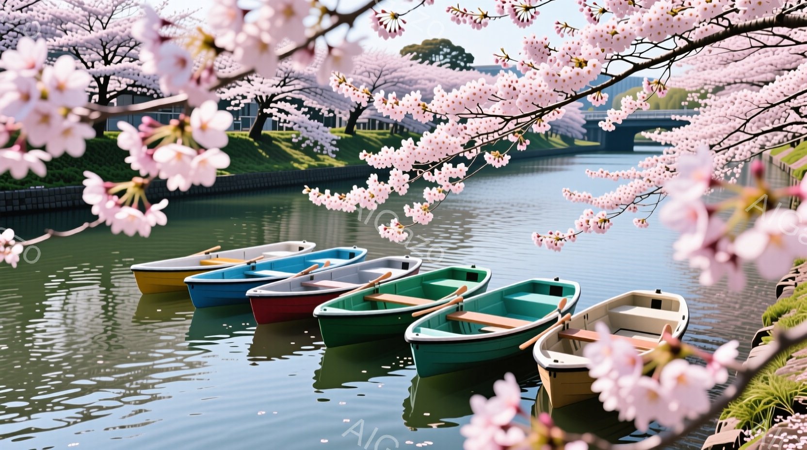 春の穏やかな日に、水面に並んだ可愛らしいボートが印象的な光景です。桜並木が水面を覆うように咲き誇り、水面には花びらが舞い散る様子がうかがえます。穏やかな水面と桜のピンク色が春の暖かさを感じさせ、平和で心地よい雰囲気を作り出しています。