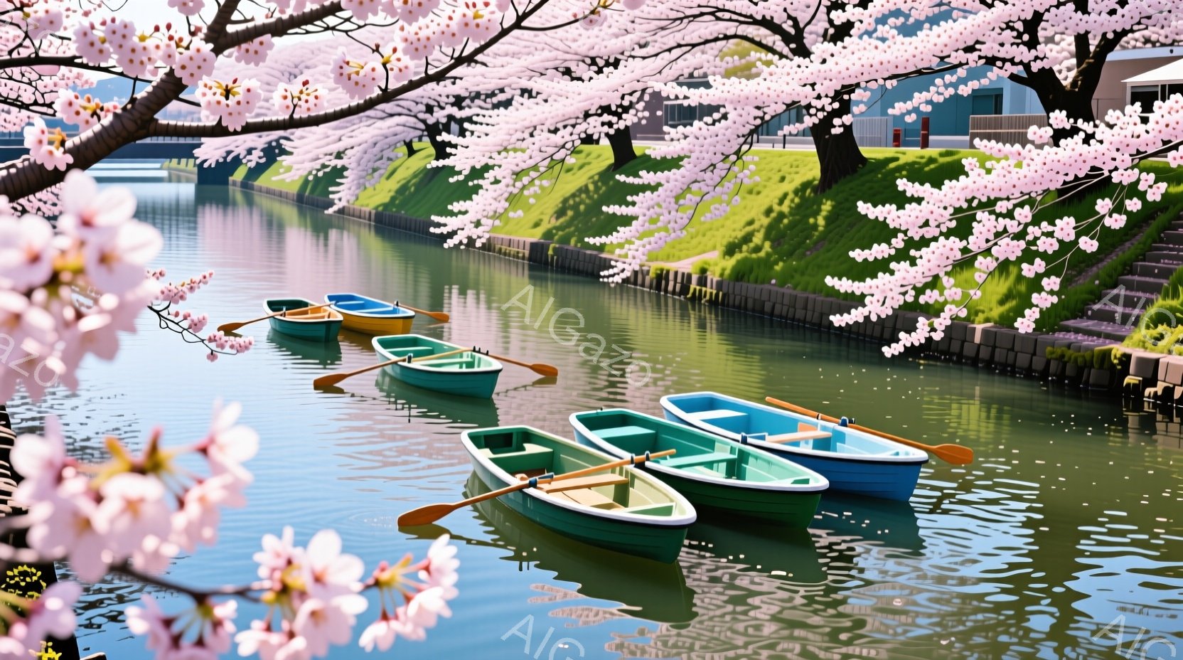 静かな水路に、カラフルな手漕ぎボートが並んで浮かんでいる。岸辺には緑豊かな芝生と桜並木が広がり、穏やかな春の陽気を感じさせる。水面にはボートと桜の花びらが映り込み、全体的に平和で牧歌的な雰囲気を醸し出 - AI生成フリー素材