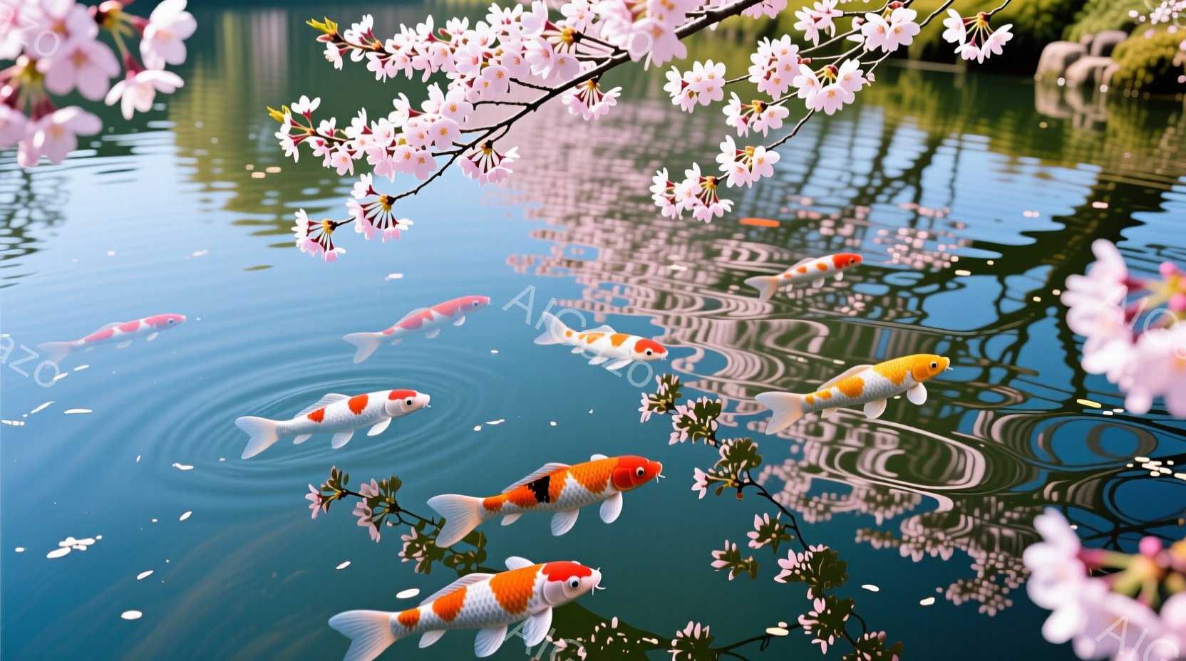 鮮やかな鯉が穏やかな水面に群れをなして泳いでいる様子が描かれている。背景には桜の花びらが舞い、水面にその影が映り込み、春の暖かさと静けさを表現している。水面には光の反射が波紋のように広がり、幻想的な雰囲気を醸し出している。