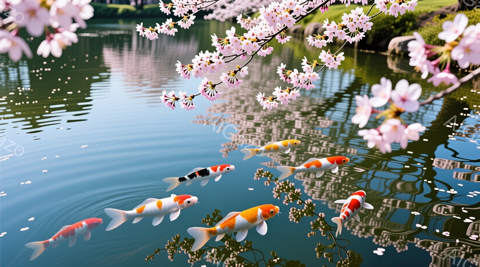 鮮やかな鯉が、緑色の水草が浮かぶ穏やかな水面を泳いでいる。桜の美しい花びらが水面や水中に散らばり、春の暖かな日差しの中で、優雅で幻想的な雰囲気を醸し出している。水面には桜の木々の反射が見られ、全体的に平和で穏やかな印象を与える。