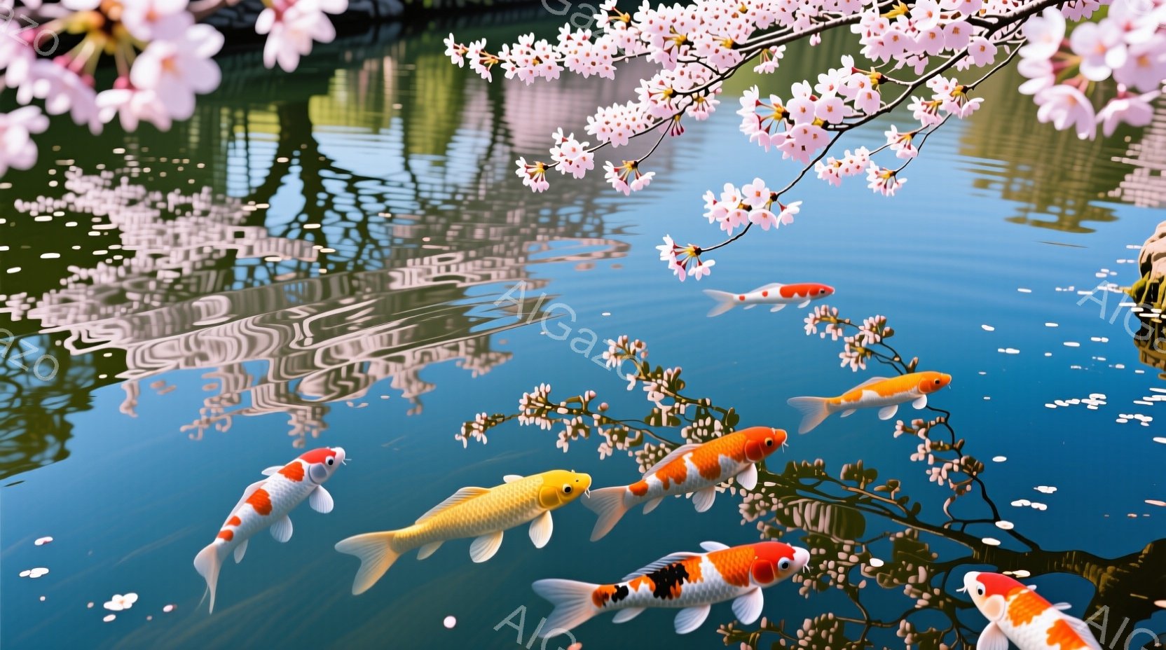 穏やかな水面には、色鮮やかな鯉が優雅に泳いでいる。桜の花びらが咲き乱れ、水面に映る桜と鯉が春の暖かな雰囲気を醸し出している。背景には岩と緑豊かな植物が見え、静寂と調和が感じられる。
