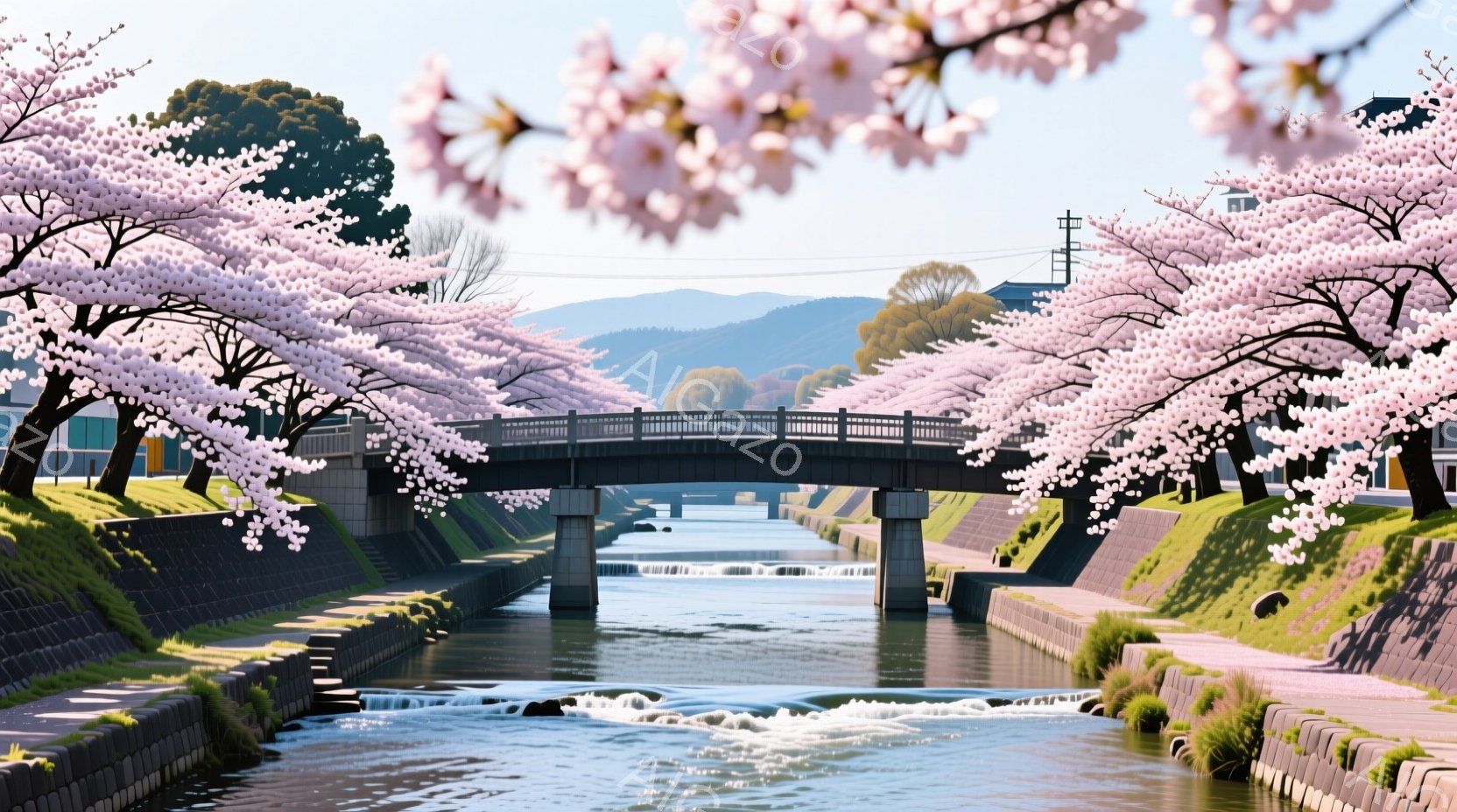 浅い川の両岸に桜並木が咲き誇り、アーチ状のコンクリート橋が穏やかな水面を渡っている。背景には緑の丘と建物が見え、春の穏やかな陽光が降り注いでいる。全体的に、静かで平和な春の風景が広がっている。