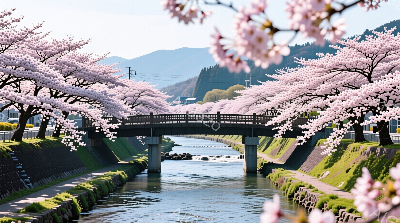 橋の両側を桜並木が彩り、水面がキラキラと輝いている春の風景です。背景には緑豊かな山々が連なり、穏やかな日差しが降り注いでいます。全体的に、静かで平和な、春の訪れを感じさせる美しい情景です。 - AI生成フリー素材