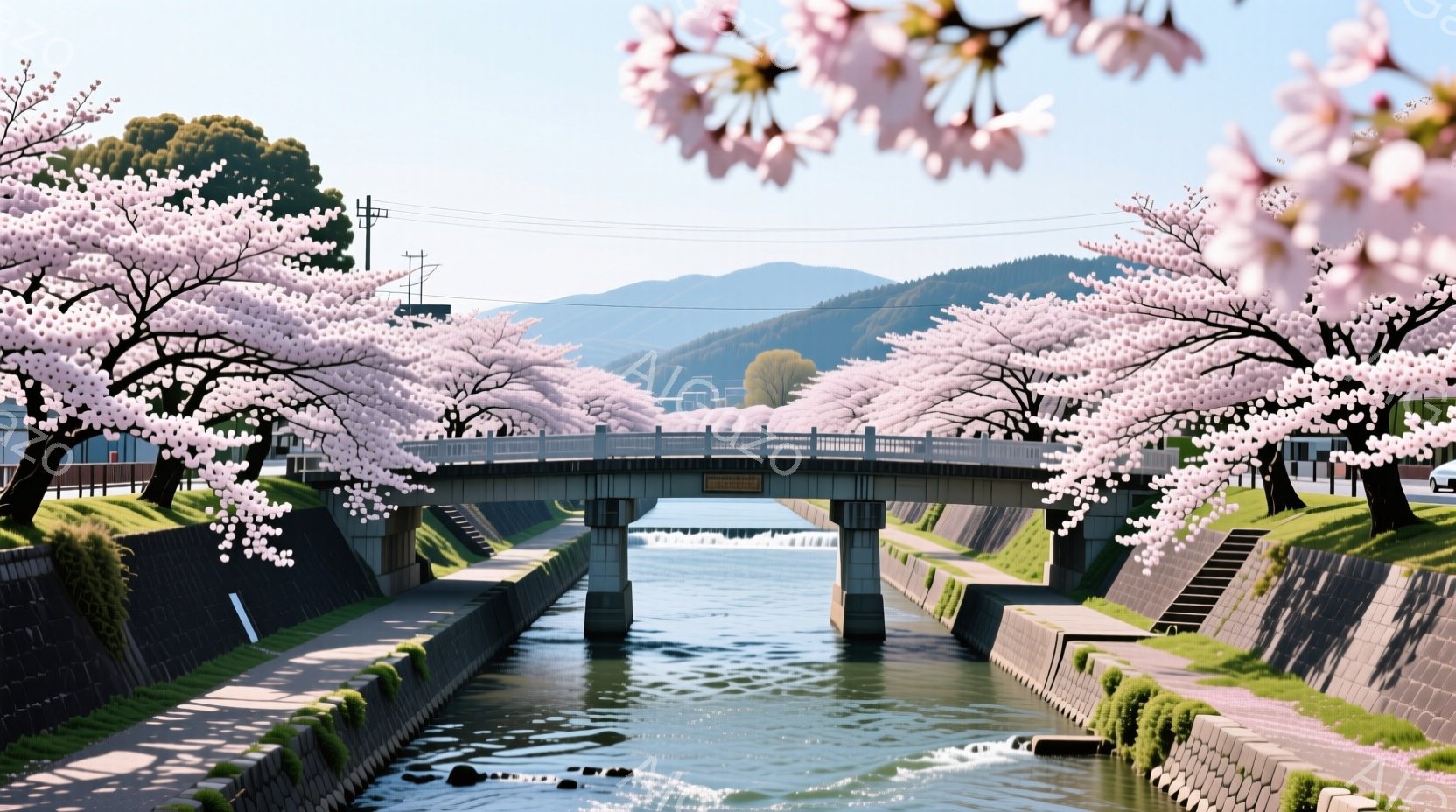 整備された水路の両側に桜並木が咲き誇り、アーチ状の橋が水面を越えて架かっている。遠景には緑豊かな山々が連なり、晴天の下、穏やかな春の日の雰囲気が漂っている。水路沿いの石積みと桜のコントラストが美しく、静かで平和な光景である。