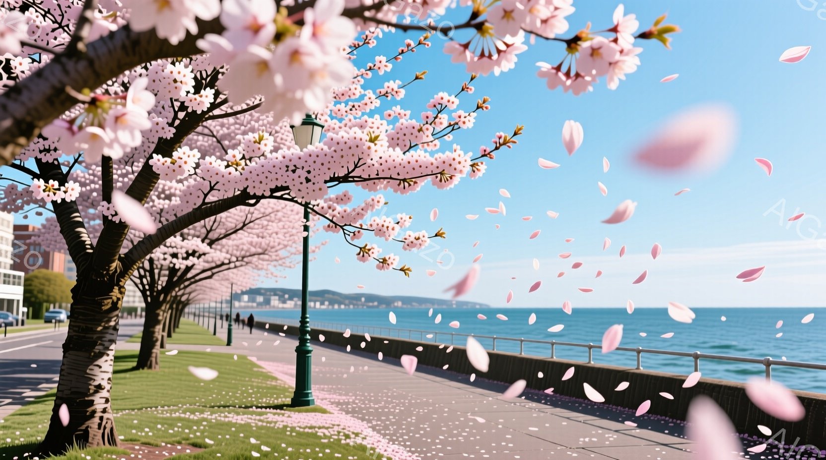 桜並木が続く遊歩道は、ピンク色の花びらが舞い散り、春の暖かさを感じさせます。青い海と空が広がり、遠くには穏やかな山並みが望めます。歩道には数人の人が散歩しており、リラックスした雰囲気が漂っています。 - AI生成フリー素材