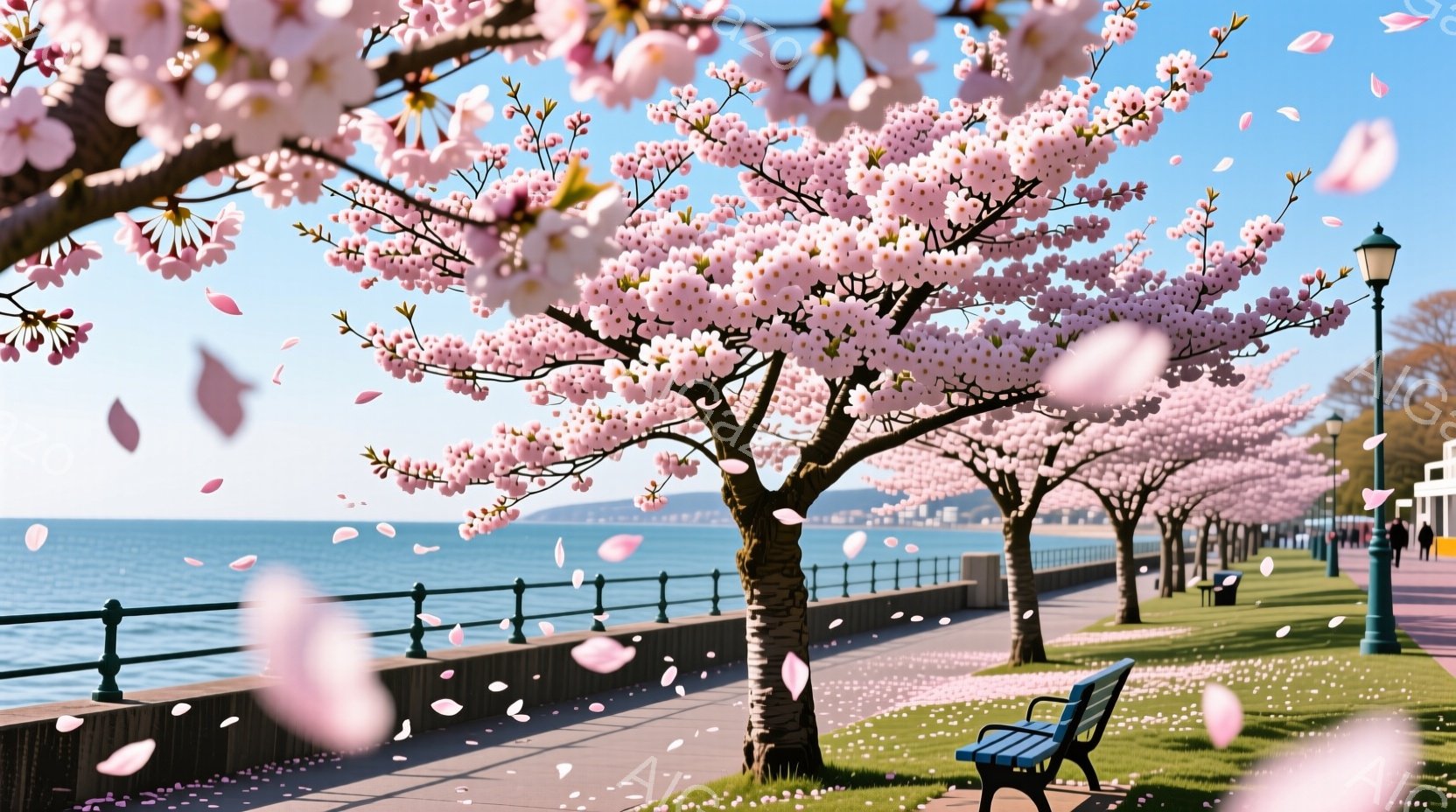 春日の公園。人がいないベンチの前に座って、静かな場所でリラックスする姿勢。青空と横流れる川に沿った長い木に覆われた街道。白く開花した桜の枝が燃えるように落下している。