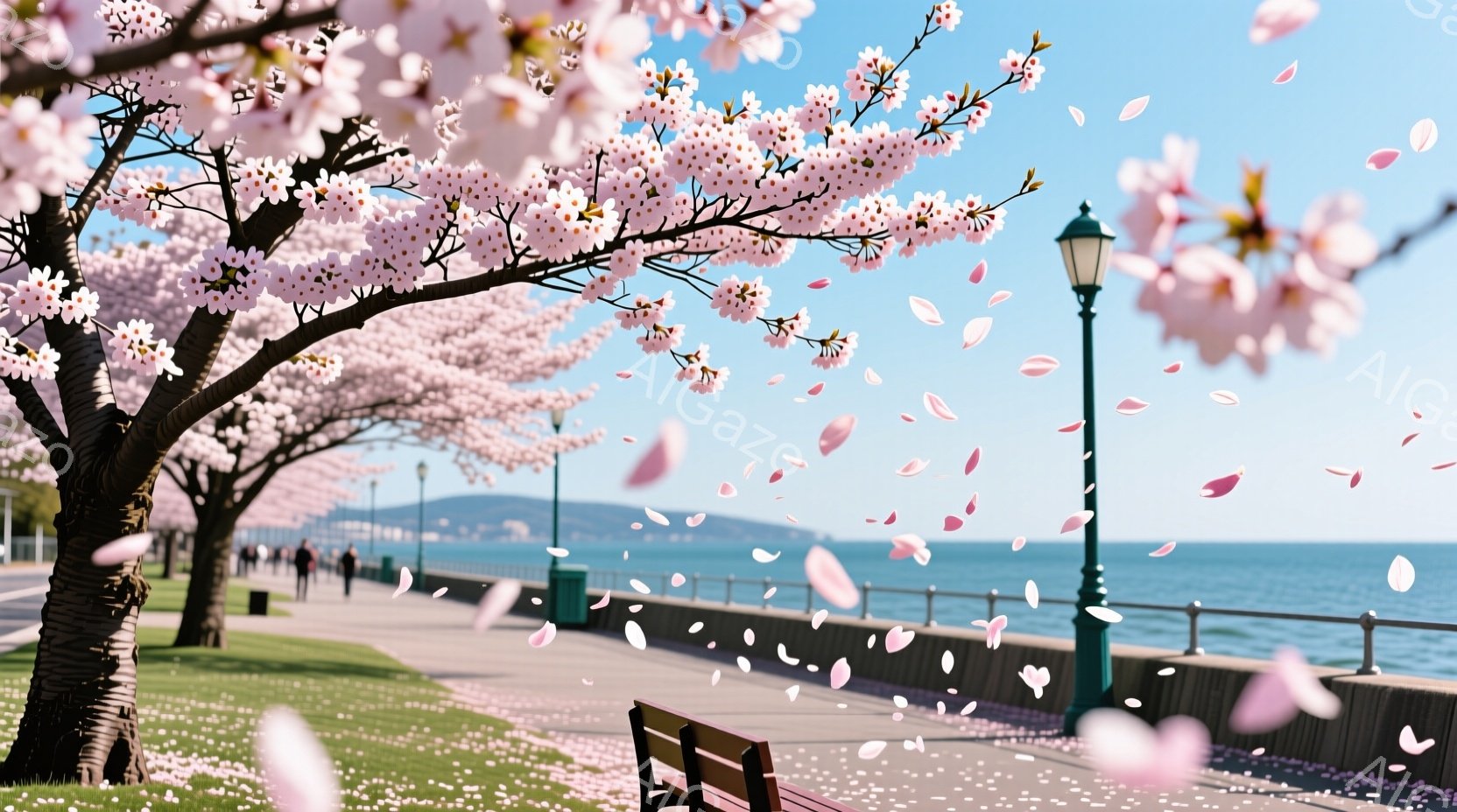 桜並木が続く遊歩道は、穏やかな海と青空に囲まれている。散り始めた桜の花びらが風に舞い、ベンチや地面を薄いピンク色に染めている。遠くには山々が見え、数人が散歩を楽しんでいる様子が、春の暖かさと安らぎを感 - AI生成フリー素材