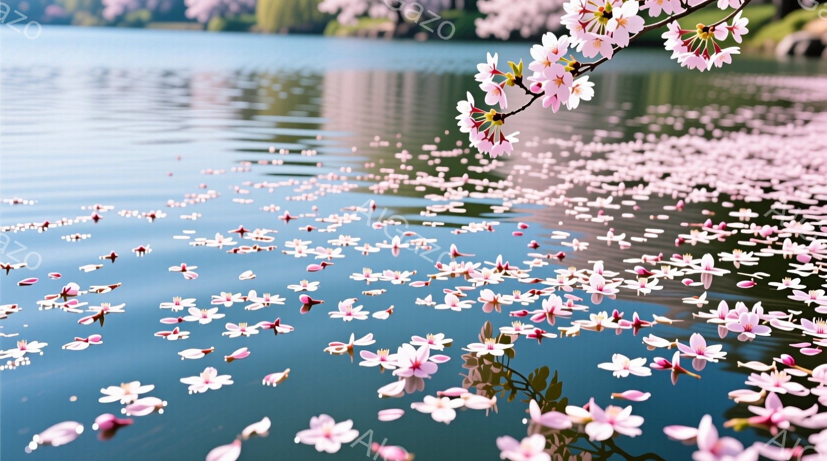 桜の花びらが水面に散りばめられ、穏やかな水面にはピンク色の絨毯が広がっています。背景には緑豊かな木々が見え、春の暖かな日差しが穏やかな雰囲気を醸し出しています。水面は光を反射してキラキラと輝き、静かで - AI生成フリー素材