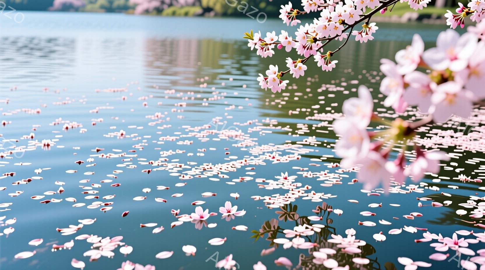 穏やかな水面に、桜の花びらが舞い散り、まるでピンク色の絨毯を敷き詰めたようだ。水面には桜の木の影が映り込み、春の暖かさと静けさを感じさせる。背景には緑豊かな山々が広がり、穏やかな春の日の光景が目に浮か - AI生成フリー素材