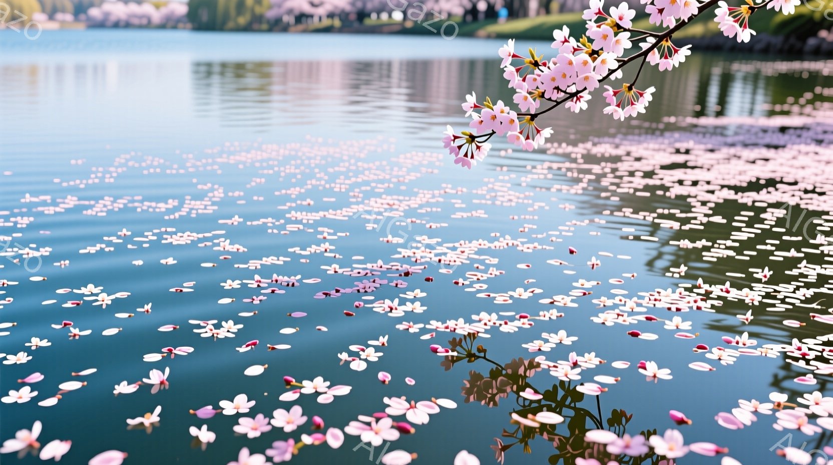 水面には、散りゆく桜の花びらが無数に浮かび、まるでピンク色の絨毯を敷き詰めたようです。穏やかな水面は光を反射し、花びらと一体となって幻想的な雰囲気を醸し出しています。背景には緑豊かな木々が見え、春の穏 - AI生成フリー素材