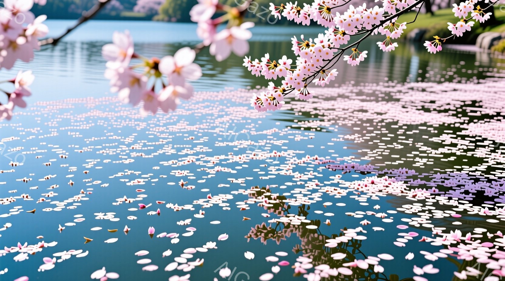 桜の花びらが水面に広がり、まるでピンク色の絨毯のように見えている。水面には桜の木の枝も映り込み、春の穏やかさと美しさを強調している。背景には緑豊かな木々が見え、晴れた日の暖かさと静寂が感じられる。
