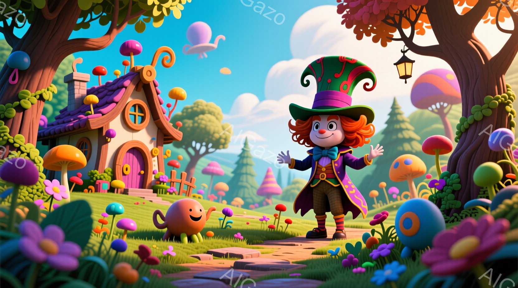 鮮やかな色のキノコや花が生い茂る幻想的な風景の中に、サーカスの道化師のような男が立っている。彼は赤毛に緑と紫のストライプの帽子をかぶり、紫色のコートにオレンジ色のベスト、そして緑色の靴を履いている。背景には、カラフルな屋根の可愛らしい家や、丸い雲が浮かぶ晴天が広がっており、全体的に明るく陽気な雰囲気を醸し出している。