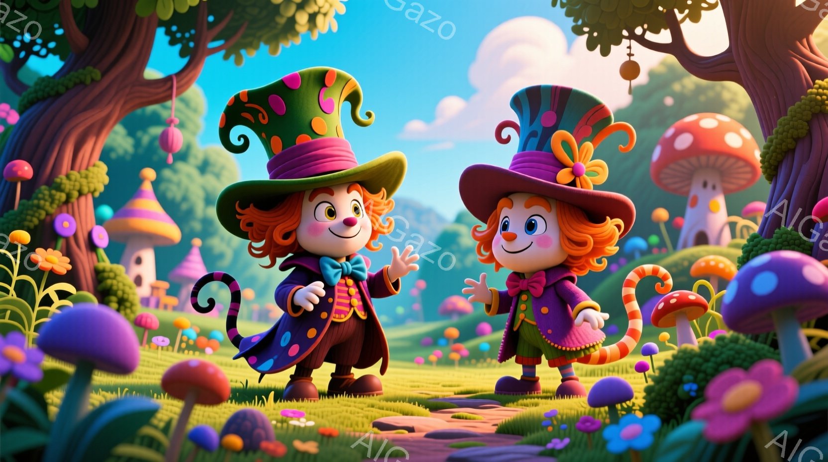 明るい緑色の道に、赤毛で巻き毛の二人の子供が立っている。彼らは紫と緑のストライプが入った帽子をかぶり、鮮やかな色の衣装を着ており、片方は手を広げて歓迎しているような仕草をしている。背景には、カラフルなキノコや植物が生い茂り、遠くにはかわいらしい家屋が見え、夢のような幻想的な雰囲気を作り出している。