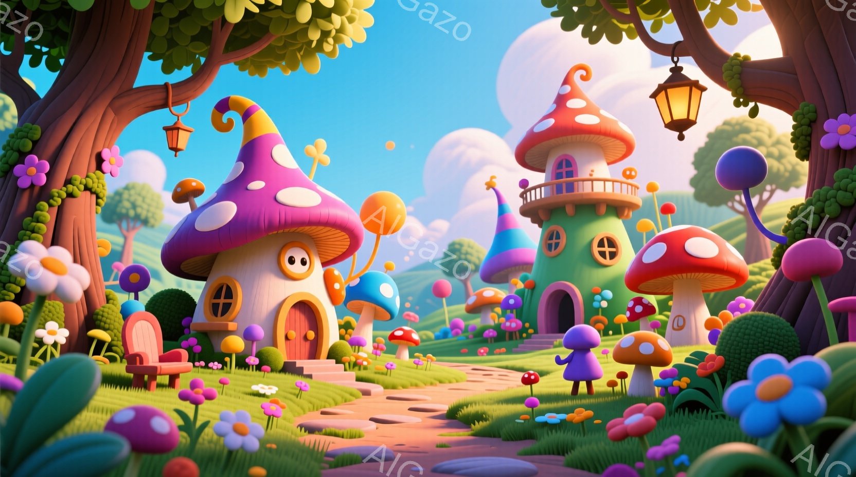 カラフルなキノコの家々が並ぶ幻想的な風景です。緑の芝生と花々が咲き乱れ、遠くにはなだらかな丘が見えます。明るい日差しとパステルカラーの空が、夢のような雰囲気を醸し出しています。 - AI生成フリー素材