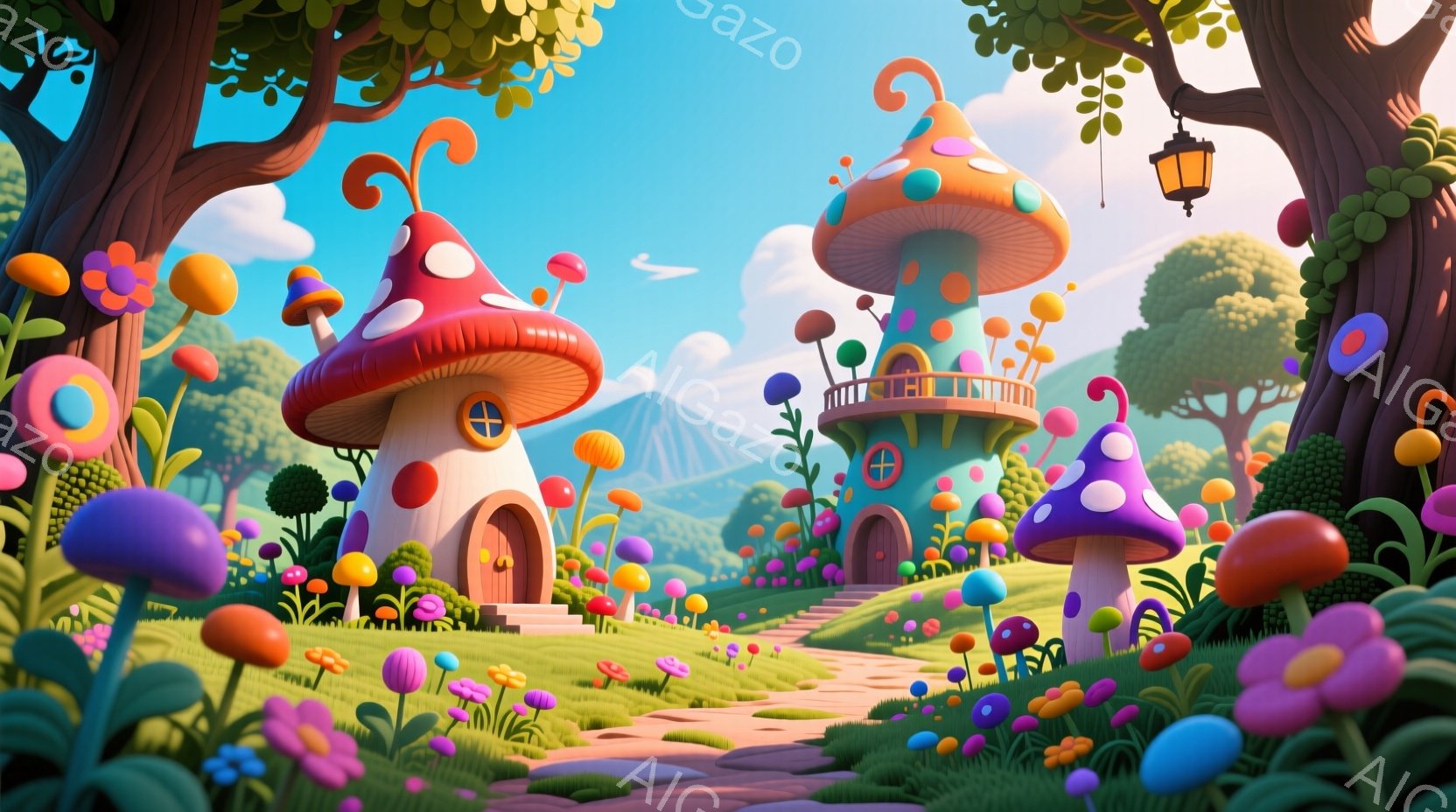 カラフルなキノコ型の家々が、緑豊かな丘陵地帯に点在する幻想的な風景です。家々はそれぞれ異なる色と模様を持ち、可愛らしい雰囲気を醸し出しています。背景には、穏やかな青空と遠くに見える山々が広がり、平和で遊び心に満ちた雰囲気を演出しています。