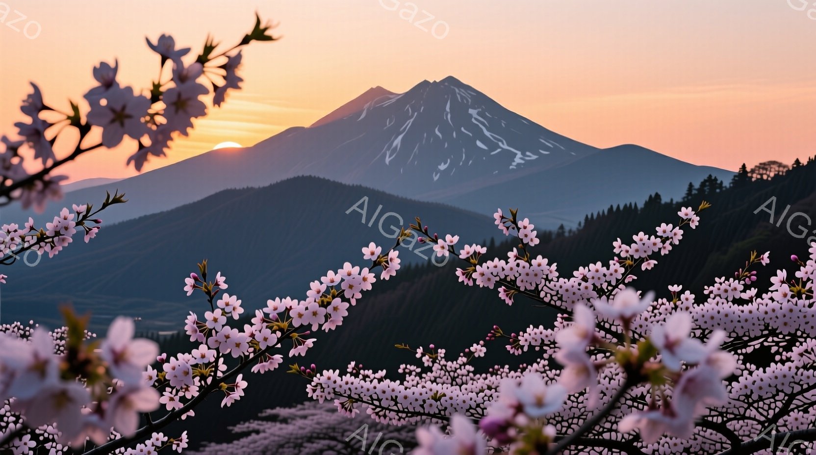 桜の花が前景を彩り、背景には富士山がそびえ立っている。夕焼けの空がピンクとオレンジ色に染まり、山の頂上には雪が積もっている。全体的に穏やかで美しい春の風景が表現されている。 - AI生成フリー素材
