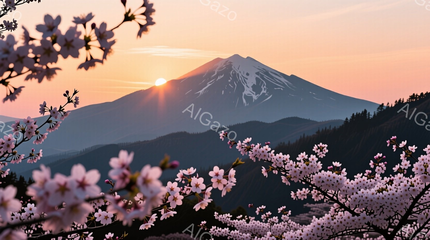 富士山の壮大な景色が、桜の花びらで縁取られています。朝焼けのオレンジとピンクが空を染め、山肌には雪が残り、美しいコントラストを描いています。遠くには山並みが連なり、穏やかで幻想的な雰囲気を醸し出してい - AI生成フリー素材