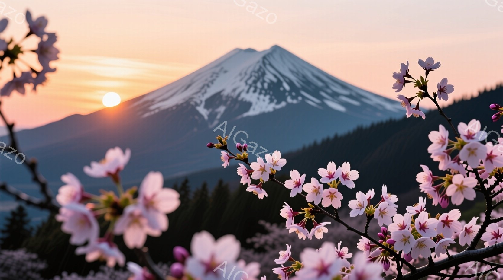 桜の花びらが手前に大きく広がり、遠景には雪を抱いた富士山が夕焼け空の下にそびえ立っている。木々は緑豊かで、全体的に春の暖かく穏やかな雰囲気が漂っている。空はピンクとオレンジのグラデーションで、富士山の - AI生成フリー素材