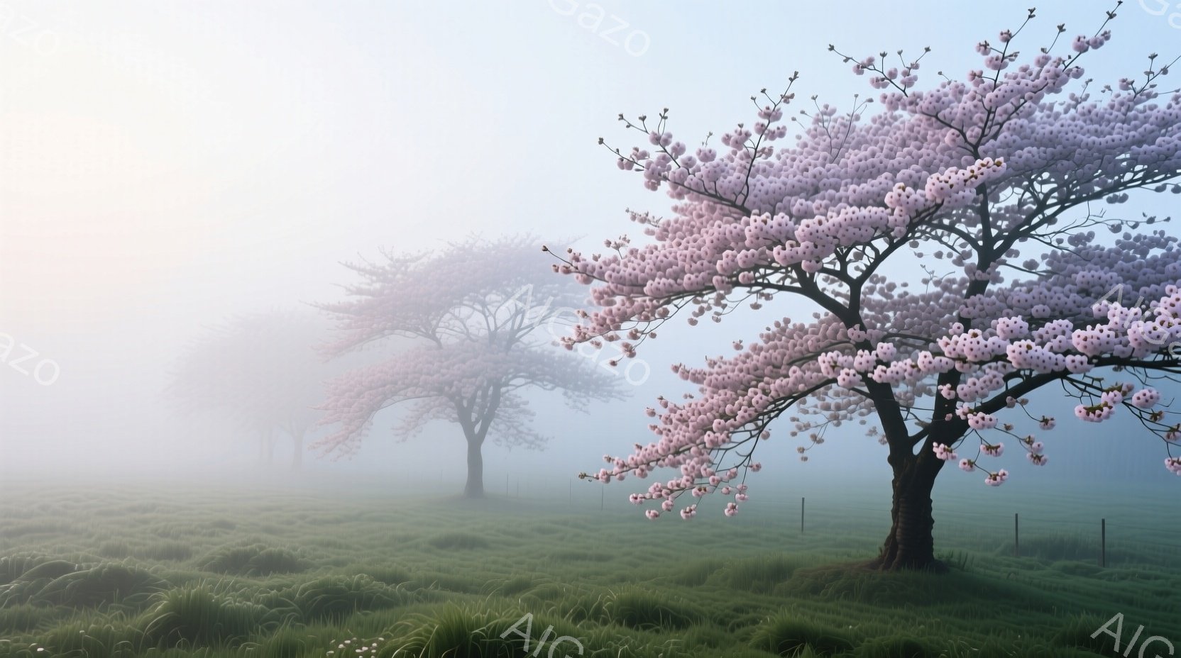 広大な緑の草原に、桜のような花を咲かせた木が数本並んでいる。朝霧が立ち込め、木々は幻想的な雰囲気を醸し出しており、遠くにはフェンスが見える。全体的に穏やかで、春の訪れを感じさせる静謐な光景である。