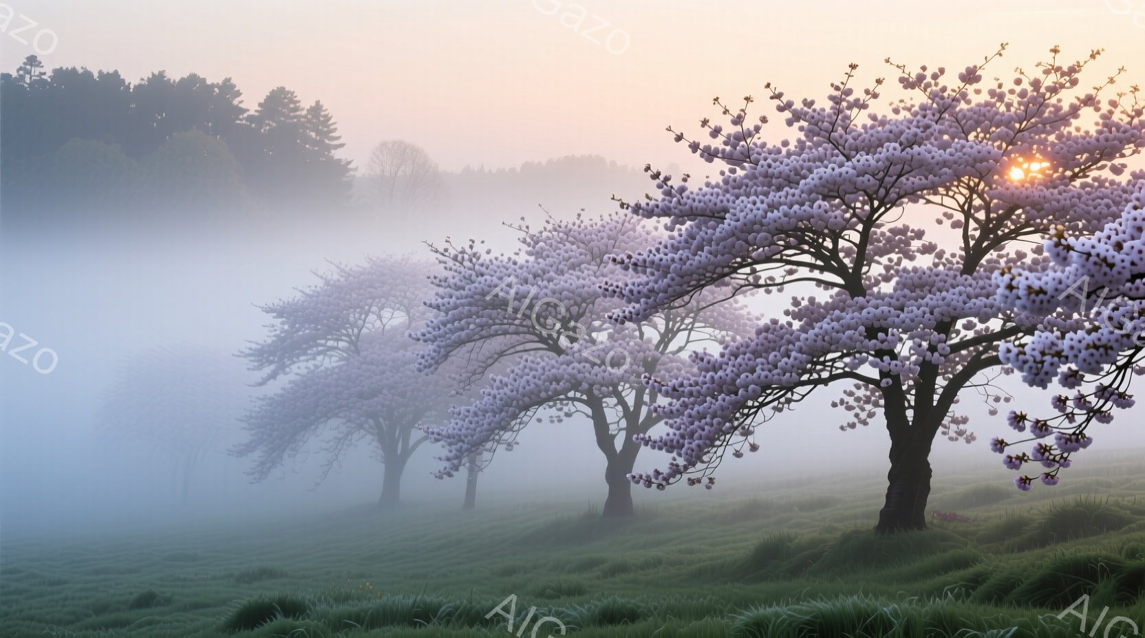 霧深い緑の丘に、桜のような花を咲かせた木々が連なっている。朝日が霧を照らし、木々の花は淡い紫色と白のグラデーションで咲き誇り、幻想的な雰囲気を醸し出している。背景にはぼんやりとした木立が見え、穏やかで神秘的な風景を作り出している。
