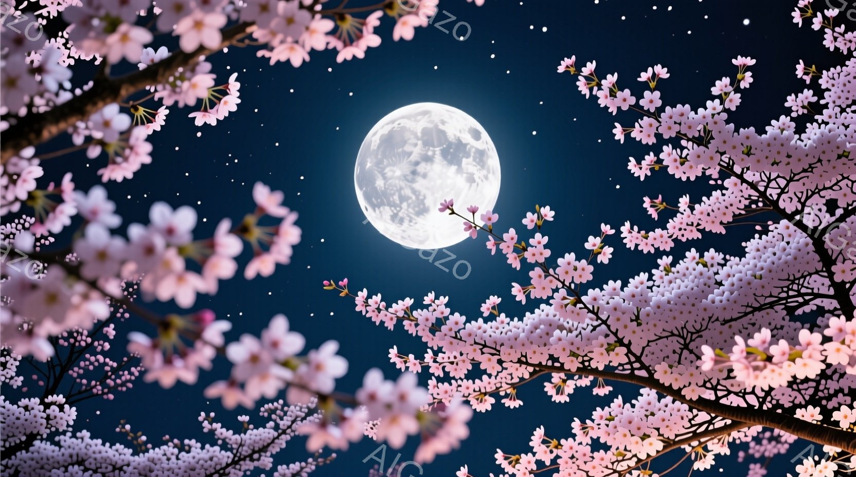満月が夜空に輝き、桜の花びらが画面の周りを彩る幻想的な光景です。夜空には無数の星が散りばめられ、桜の淡いピンク色と月の白さが美しいコントラストを生み出しています。全体的に穏やかで、春の夜の静寂と美しさを表現した、叙情的な雰囲気です。