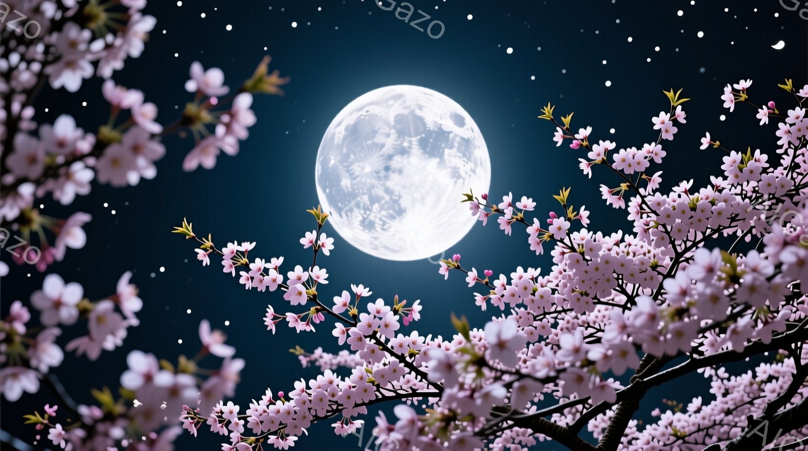 満月が夜空に輝き、桜の花びらがその周りを囲むように咲き誇っている。 濃い青色の夜空には、細かい星々が散りばめられ、幻想的な雰囲気を醸し出している。 桜の花は、明るいピンク色で、春の訪れを感じさせる美し - AI生成フリー素材