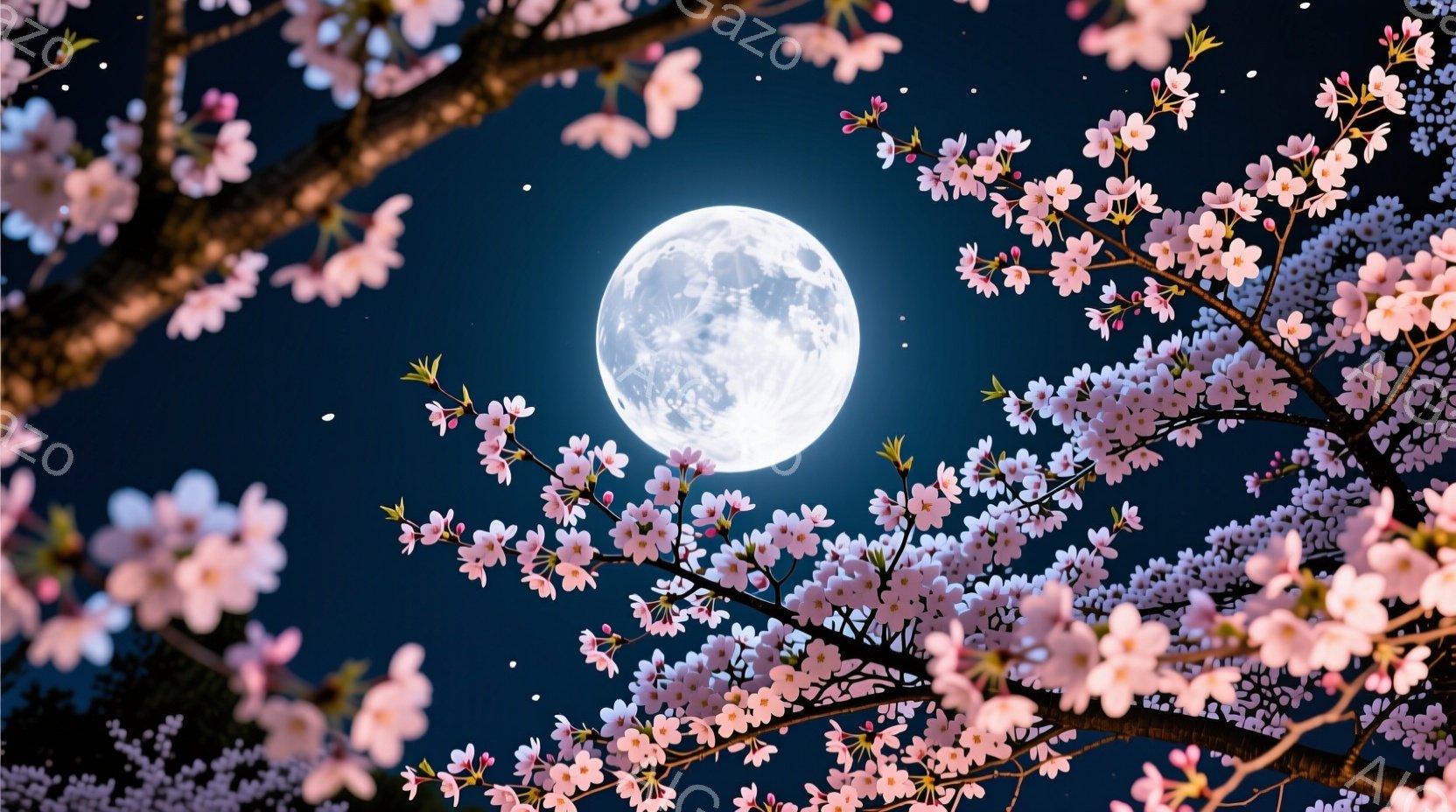 満月が夜空に輝き、桜の花びらがその周りを囲む幻想的な光景です。 桜の枝は画面の周りをフレームのように飾り、夜空の暗闇と月の明るさのコントラストが美しいです。 全体的に、静かで穏やかな、春の夜の神秘的な - AI生成フリー素材