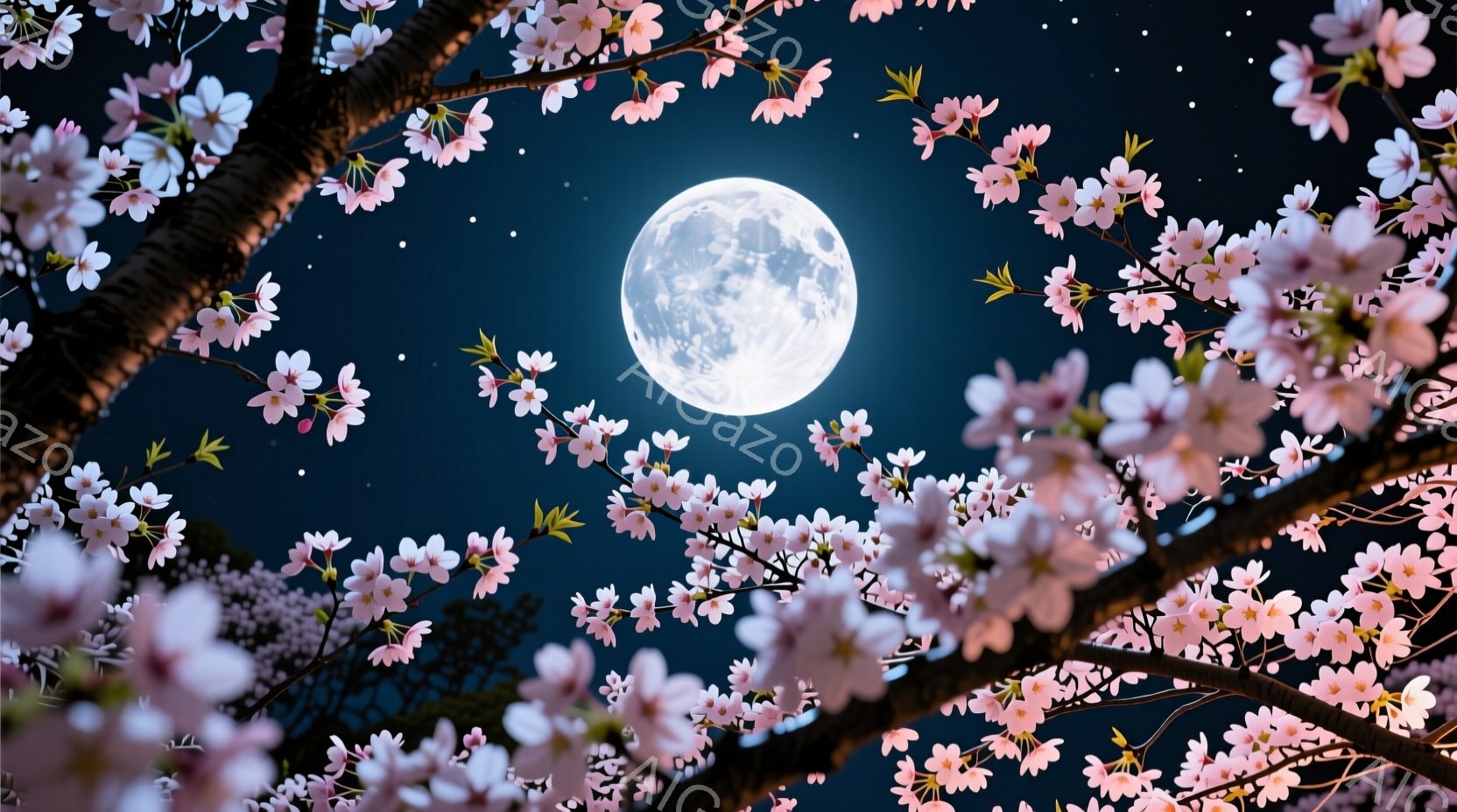 深夜の暗い青色の空に、満月が明るく輝いています。桜の花びらが画面の周囲をフレームのように飾り、その美しさを際立たせています。夜空には星が散りばめられ、静かで幻想的な雰囲気が漂っています。 - AI生成フリー素材