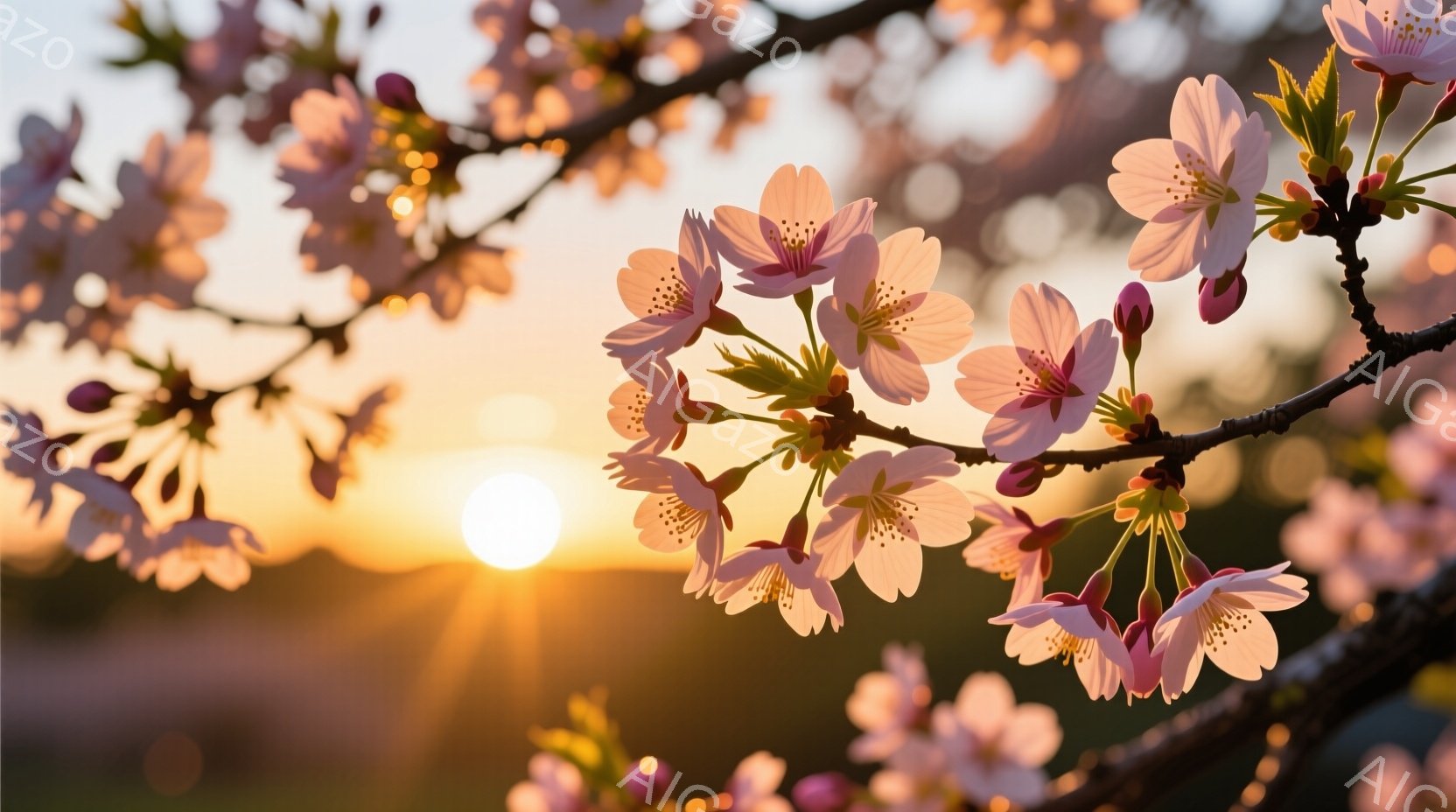 桜の花が咲き誇る枝が、夕焼けの柔らかな光に照らされている。薄桃色の花びらは繊細で、背景のぼやけた風景と調和し、穏やかな春の訪れを感じさせる。空はオレンジ色とピンク色に染まり、暖かく優しい雰囲気を作り出している。