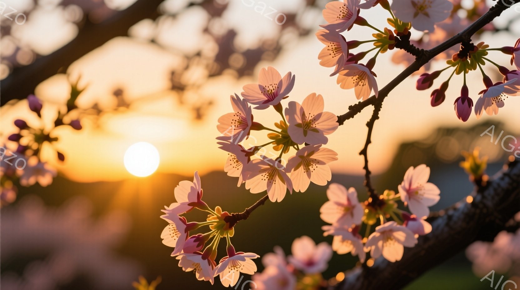 鮮やかな夕焼けを背景に、桜の花が咲き誇る枝が写っている。淡いピンク色の花びらは、太陽の光を浴びて輝き、春の訪れを感じさせる。ぼやけた背景には、遠くの山並みがうっすらと見え、穏やかで優しい雰囲気が漂っている。