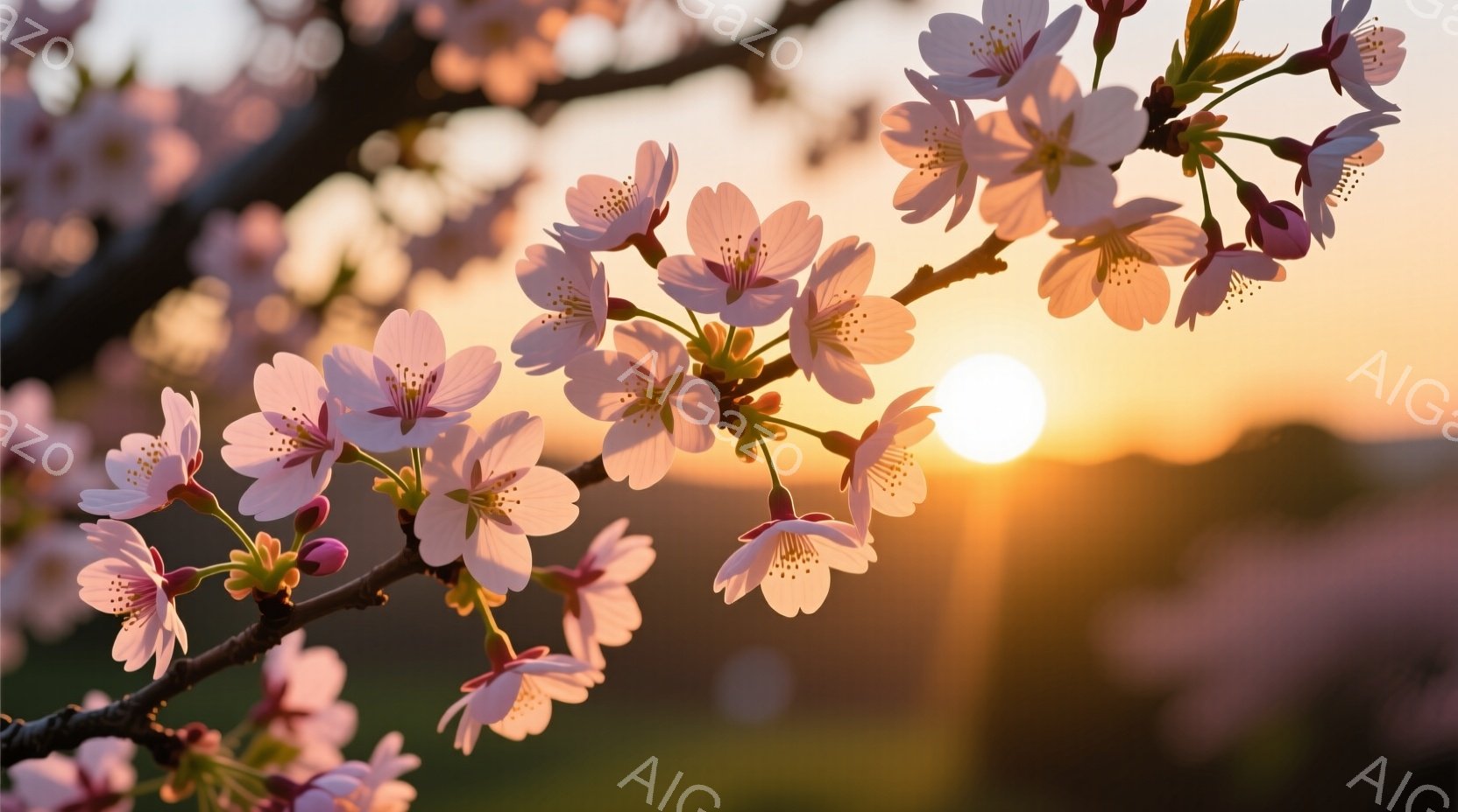 桜の花が咲き誇る枝が画面の中心に配置され、夕焼けの光に照らされている。背景には緑の草原とぼんやりとした山並みが広がり、暖かく穏やかな春の雰囲気を醸し出している。全体的に、光と色彩が美しく、自然の優しさを感じさせる。